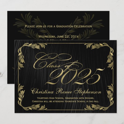 2025 Elegant zwart/goud klassevol formeel Afstuder Kaart (Voorkant / Achterkant)