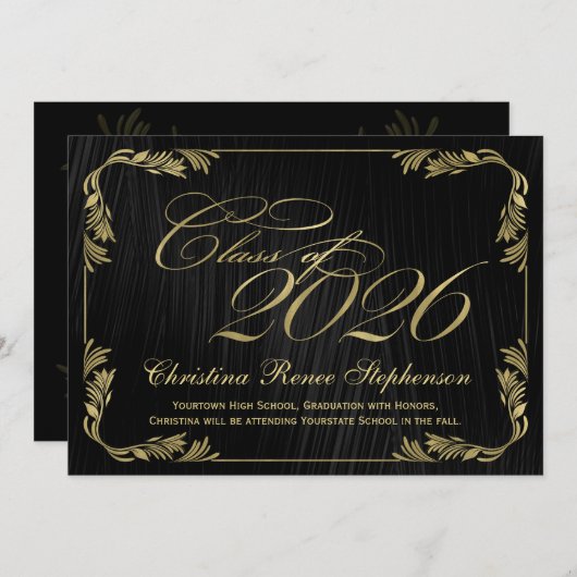 2025 Elegant zwart/goud klassevol formeel Afstuder Kaart (Voorkant / Achterkant)