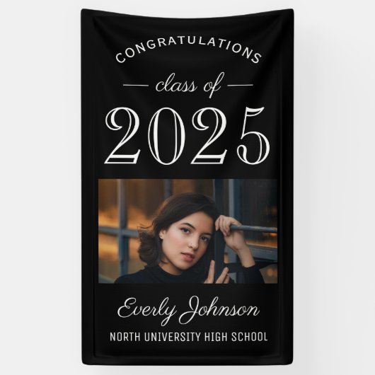 2025 Elegant Zwart Wit Custom Photo Afstuderen Spandoek (Verticaal)