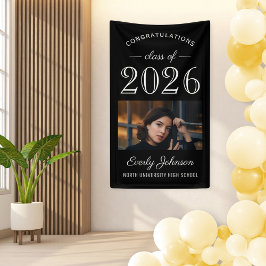 2025 Elegant Zwart Wit Custom Photo Afstuderen Spandoek