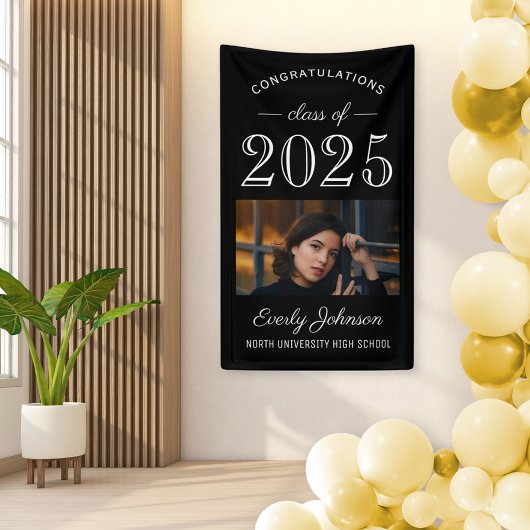 2025 Elegant Zwart Wit Custom Photo Afstuderen Spandoek