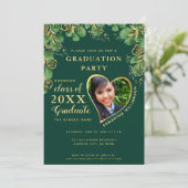 2025 Emerald Green Gold Floral Foto Afstuderen Kaart (Staand voorkant)