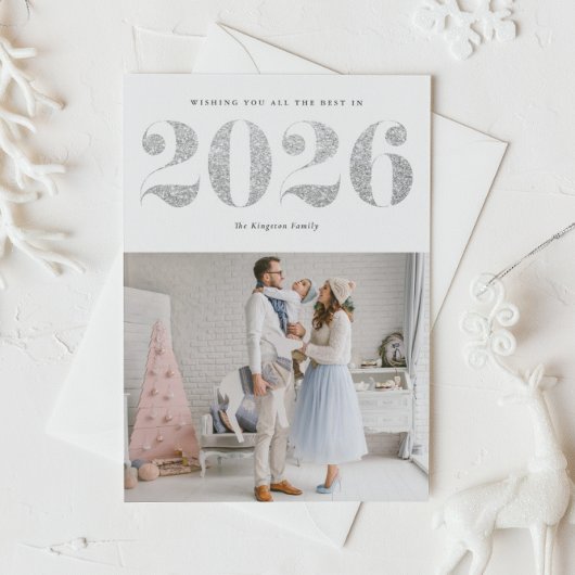 2025 Faux Silver Glitter Modern Gelukkig Nieuwjaar Feestdagenkaart