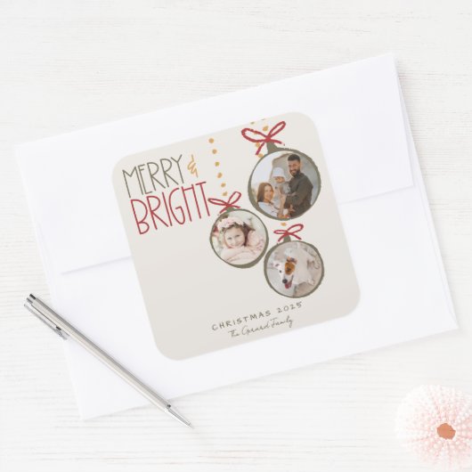 2025 Foto Familie Kerst Kaart Vierkante Sticker (Envelop)