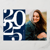 2025 Foto Marine Zilveren Afstudeeraankondiging Folie Uitnodiging (Voorkant)