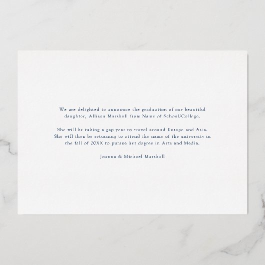 2025 Foto Marine Zilveren Afstudeeraankondiging Folie Uitnodiging (Achterkant)