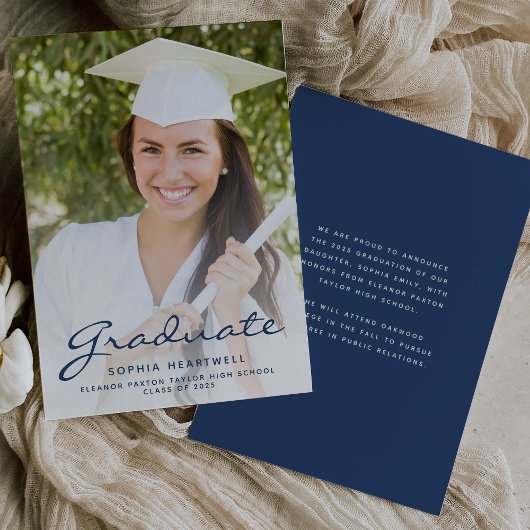 2025 Foto Navy Blue Afstuderen Aankondiging