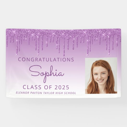 2025 Foto Paarse Glitter Drip Afstuderen Spandoek (Horizontaal)
