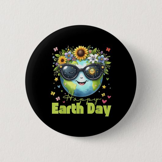 2025: Funny Earth Day – Red de planeet Schattigee  Ronde Button 5,7 Cm (Voorkant)