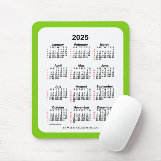 2025 Geel Groen 52-wekenkalender door Janz Muismat (Met muis)