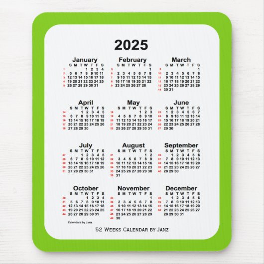 2025 Geel Groen 52-wekenkalender door Janz Muismat (Voorkant)