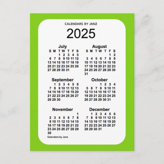 2025 Geel Groen 6-maandelijkse Mini Agenda van Jan Briefkaart (Voorkant)