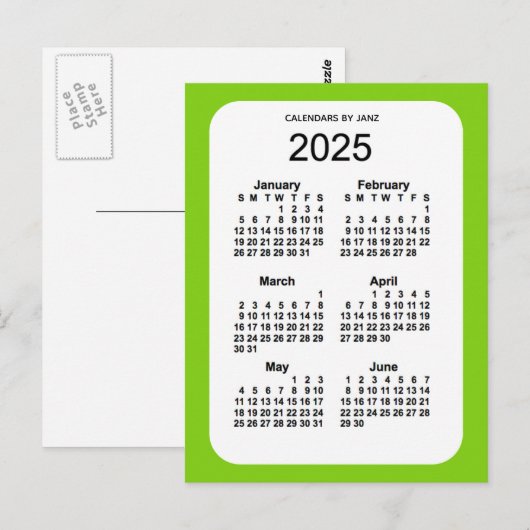 2025 Geel Groen 6-maandelijkse Mini Agenda van Jan Briefkaart (Voorkant / Achterkant)