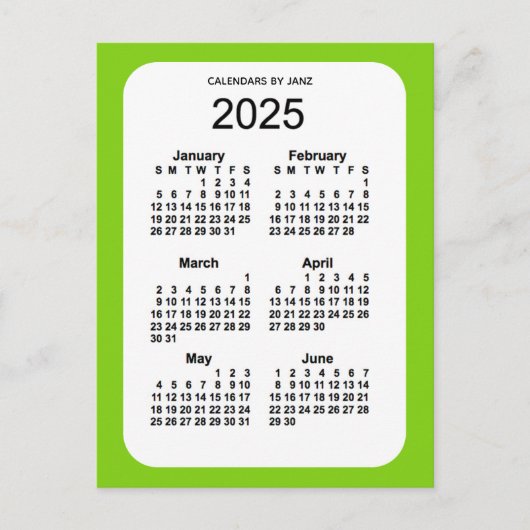 2025 Geel Groen 6-maandelijkse Mini Agenda van Jan Briefkaart (Voorkant)