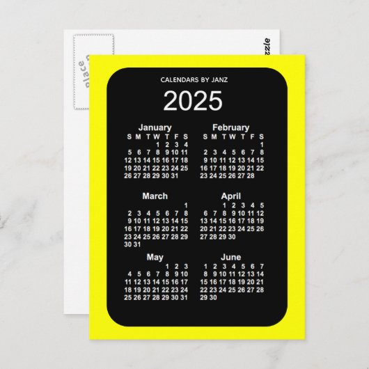 2025 Geel Neon 6 maanden Mini Kalender door Janz Briefkaart (Voorkant / Achterkant)