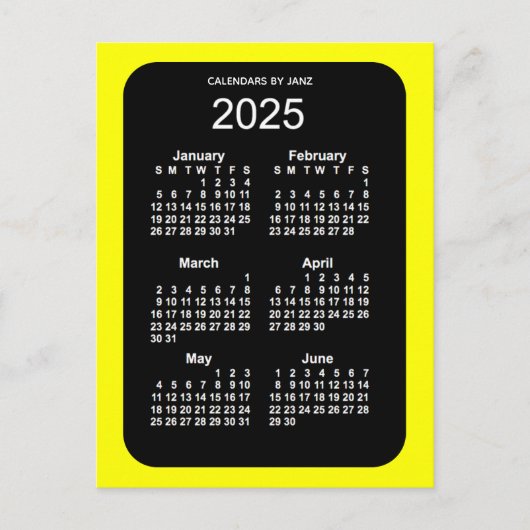 2025 Geel Neon 6 maanden Mini Kalender door Janz Briefkaart (Voorkant)