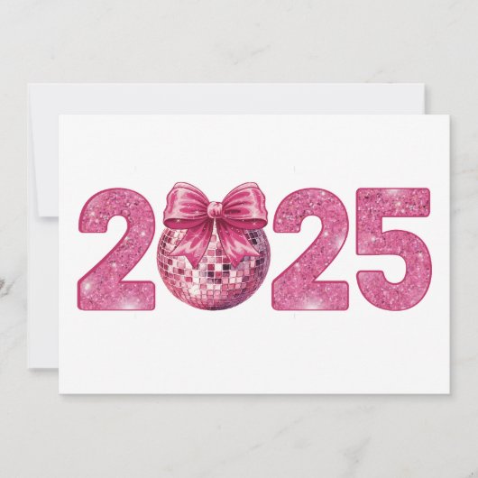 2025 Gelukkig Nieuwjaar Disco Bal Roze Lint Feestdagenkaart (Voorkant)