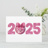 2025 Gelukkig Nieuwjaar Disco Bal Roze Lint Feestdagenkaart (Staand voorkant)