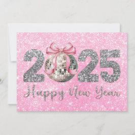 2025 Gelukkig Nieuwjaar Disco Bal Roze Strik Feestdagenkaart