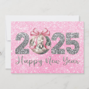 2025 Gelukkig Nieuwjaar Disco Ball Pink Bow Feestdagenkaart