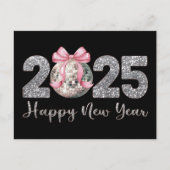 2025 Gelukkig Nieuwjaar Disco Ball Pink Bow Feestdagenkaart (Voorkant)