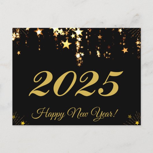 2025, Gelukkig Nieuwjaar!gouden sterren & zwarte a Feestdagenkaart (Voorkant)