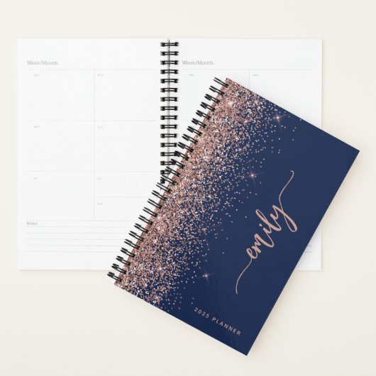 2025 gepersonaliseerde Navy Blue Roos Gold Glitter Planner (Display)
