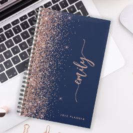 2025 gepersonaliseerde Navy Blue Roos Gold Glitter Planner