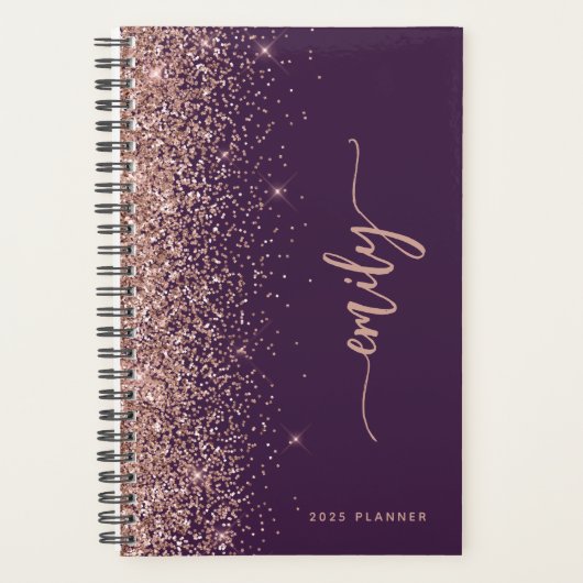 2025 Gepersonaliseerde Paarse Roos Gouden Glitter Planner (Voorkant)