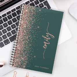2025 Gepersonaliseerde Smaragdgroene Roze Gouden G Planner