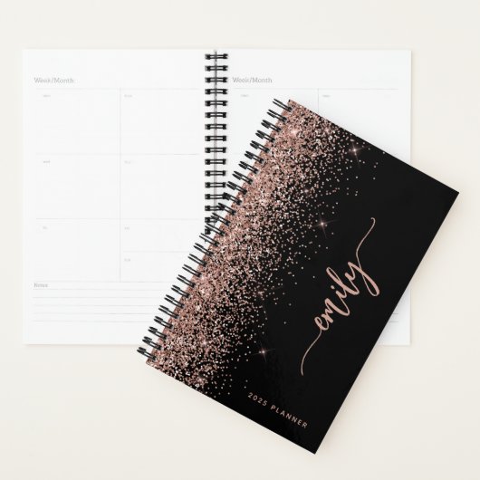 2025 Gepersonaliseerde Zwart Roos Gouden Glitter Planner (Display)