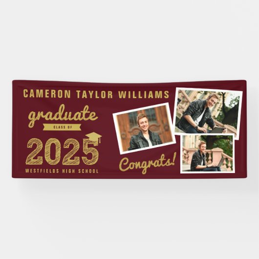 2025 Gold Afstuderen Sketch 3 Foto Afstudeerfeest Spandoek (Horizontaal)