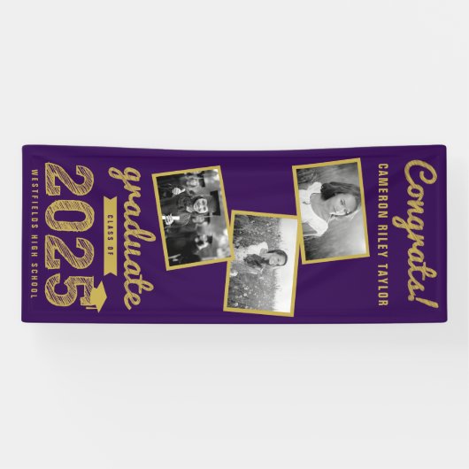 2025 Gold Sketch 3 Photo Collage Afstudeerfeest Spandoek (Horizontaal)