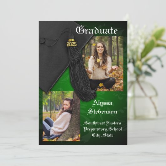 2025 Green Black Tassel Charm College Afstuderen Kaart (Staand voorkant)