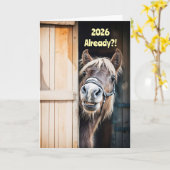 2025 Happy New Year Cute Fuzzy Pony Horse Barn Kaart (Gele Bloem)