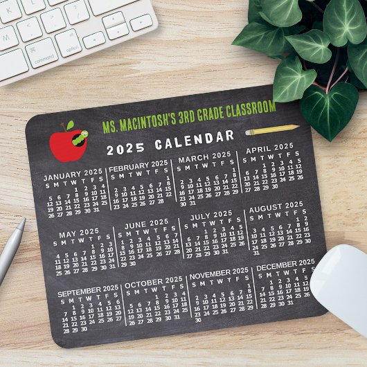 2025 Jaar Kalender Chalkboard School Leraar Naam Muismat