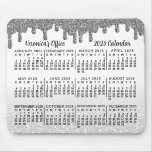 2025 Jaar Kalender Faux Zilveren Glitter Drips Naa Muismat