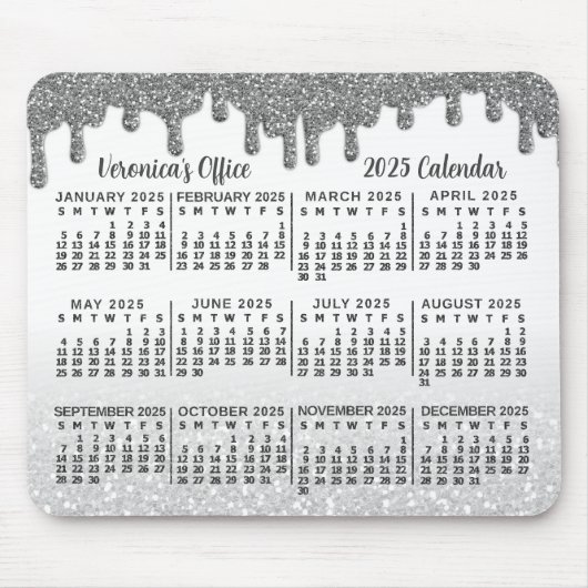 2025 Jaar Kalender Faux Zilveren Glitter Drips Naa Muismat (Voorkant)
