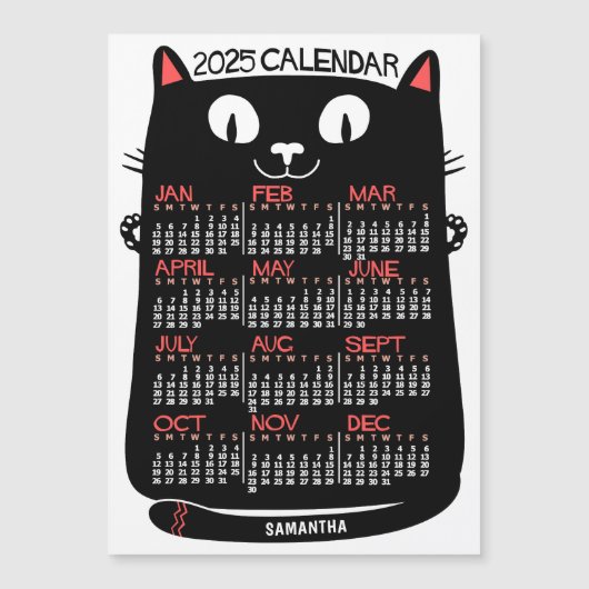 2025 Jaar Kalender Mid-Century Zwarte Kat Magneet (Voorkant)
