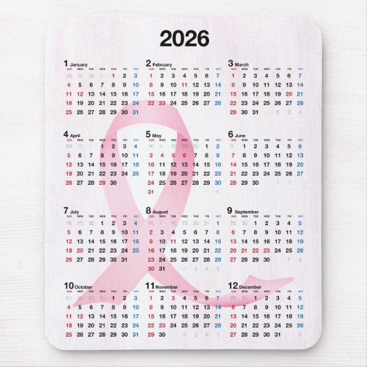 2025 Jaar Kalender Roze Lint Muismat (Voorkant)