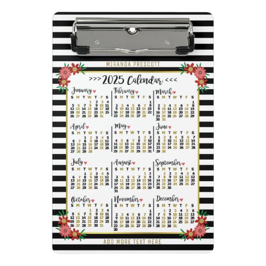 2025 Jaar Kalender Schattigee Bloemstrepen | Custo Mini Klembord (Voorkant)