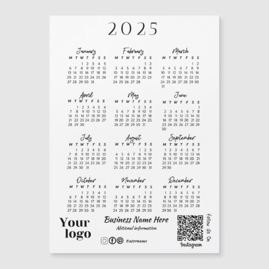 2025 Jaar Kalender Script Typografie Wit Magnetische Uitnodiging (Voorkant)