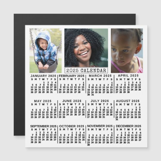 2025 Jaar Kalender Wit | 3 Fotocollage magneet (Voorkant / Achterkant)