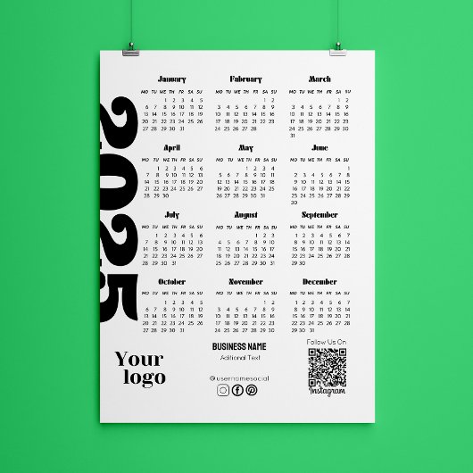 2025 Jaar Kalender Zwart-wit Corporate Magnetische Uitnodiging
