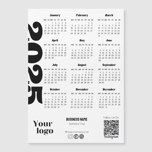 2025 Jaar Kalender Zwart-wit Corporate Magnetische Uitnodiging (Voorkant)