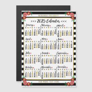 2025 Jaar Kalender Zwarte Streep Bloemen Custom Na Magnetische Uitnodiging