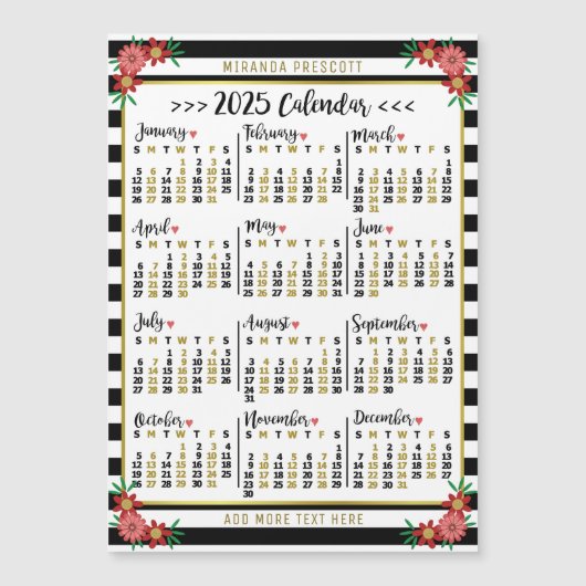 2025 Jaar Kalender Zwarte Streep Bloemen Naam Magn (Voorkant)