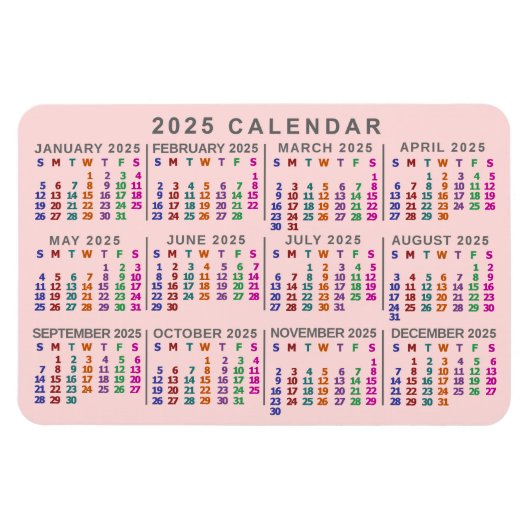 2025 Jaar Maandelijkse Kalender Blush Roze Kleurri Magneet (Horizontaal)