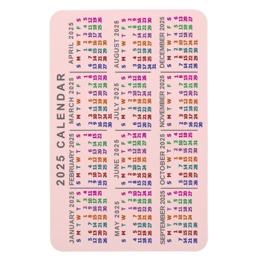2025 Jaar Maandelijkse Kalender Blush Roze Kleurri Magneet (Verticaal)