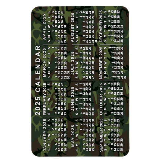 2025 Jaar Maandelijkse Kalender Camouflage Camo Gr Magneet (Verticaal)